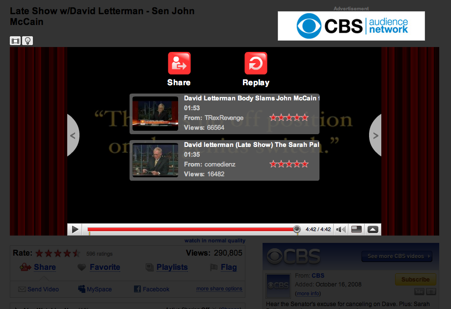 YouTube CBS Letterman McCain Screenshot